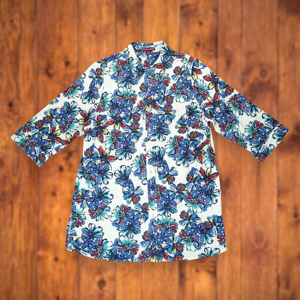 Jessica London Floral Pattern Blouse Top Roll Up 3/4‎ Sleeve Collared Size 14